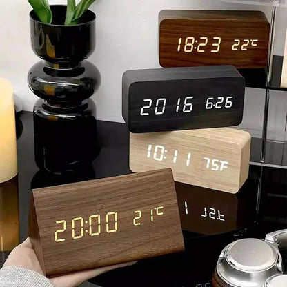 Alarm Clock Wood-Look LED Temperature Display Voice Control