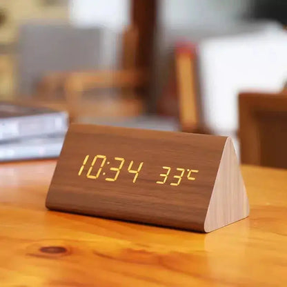 Alarm Clock Wood-Look LED Temperature Display Voice Control