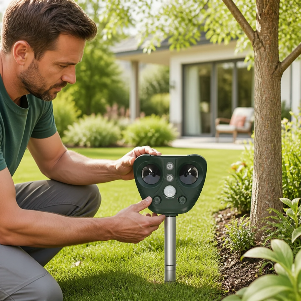 Animal Repeller Solar-Powered Motion-Activated Dual Ultrasonic Speakers & LED