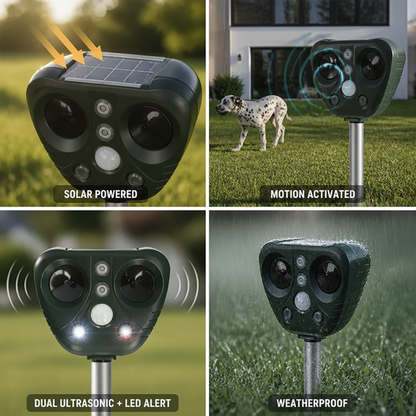Animal Repeller Solar-Powered Motion-Activated Dual Ultrasonic Speakers & LED