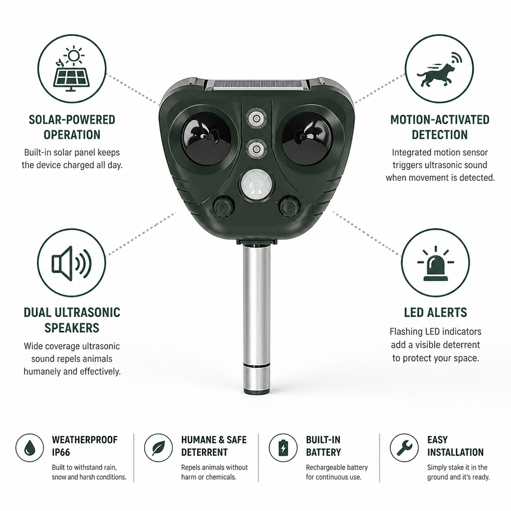 Animal Repeller Solar-Powered Motion-Activated Dual Ultrasonic Speakers & LED