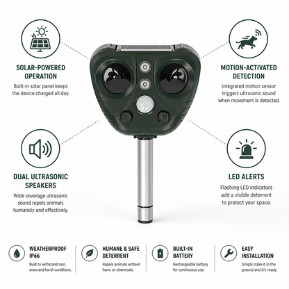 Animal Repeller Solar-Powered Motion-Activated Dual Ultrasonic Speakers & LED