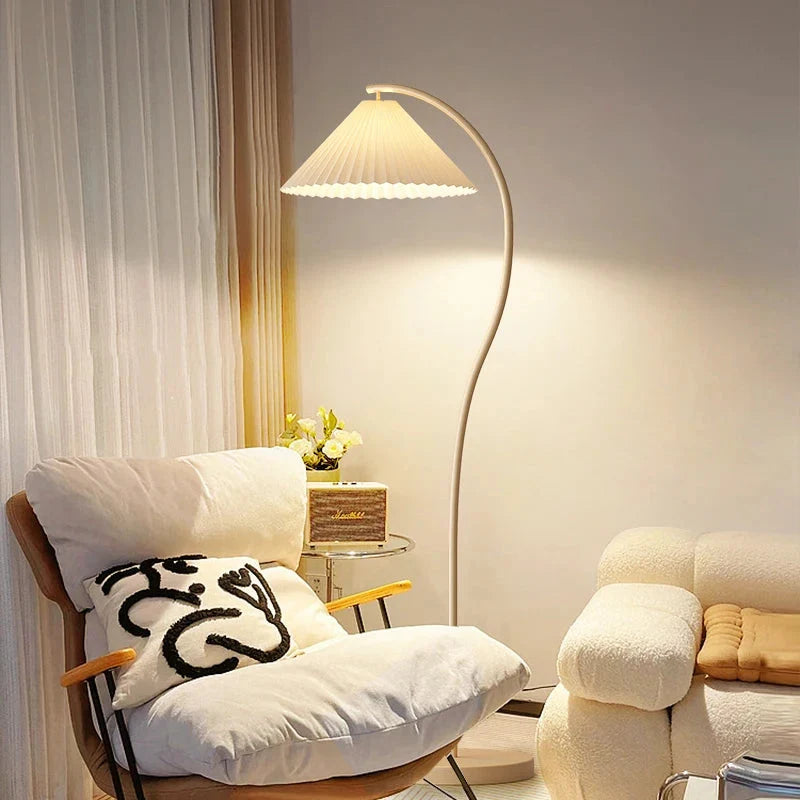 Arc Floor Lamp Pleated Fabric Shade Dimmable LED