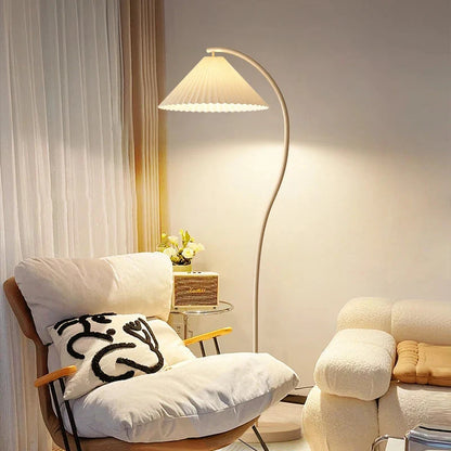 Arc Floor Lamp Pleated Fabric Shade Dimmable LED