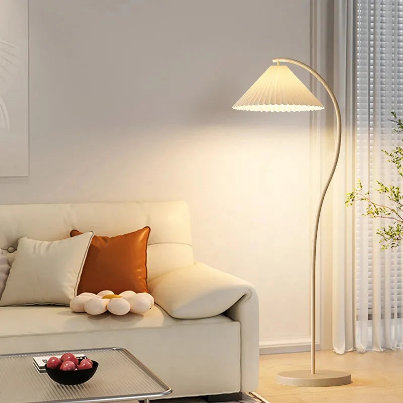 Arc Floor Lamp Pleated Fabric Shade Dimmable LED