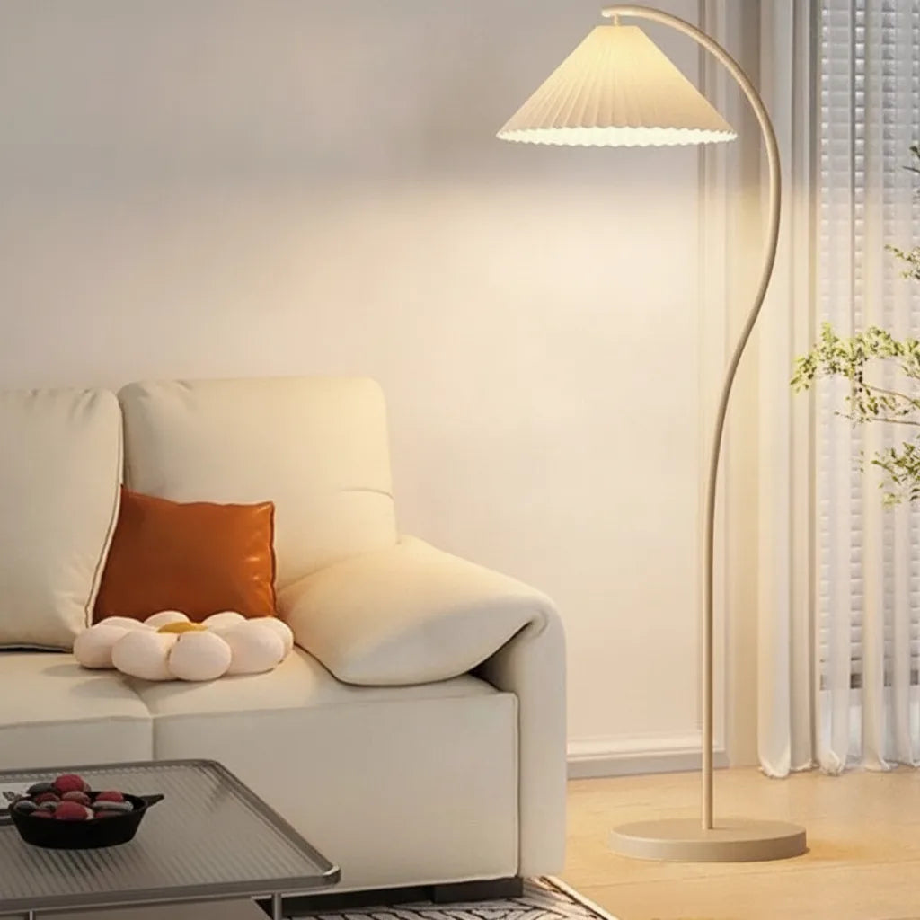 Arc Floor Lamp Pleated Fabric Shade Dimmable LED