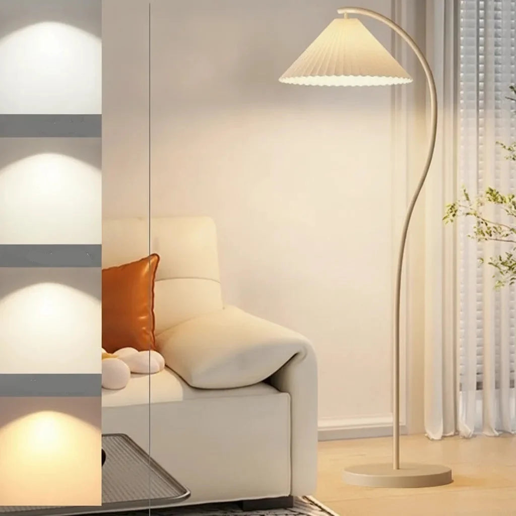 Arc Floor Lamp Pleated Fabric Shade Dimmable LED