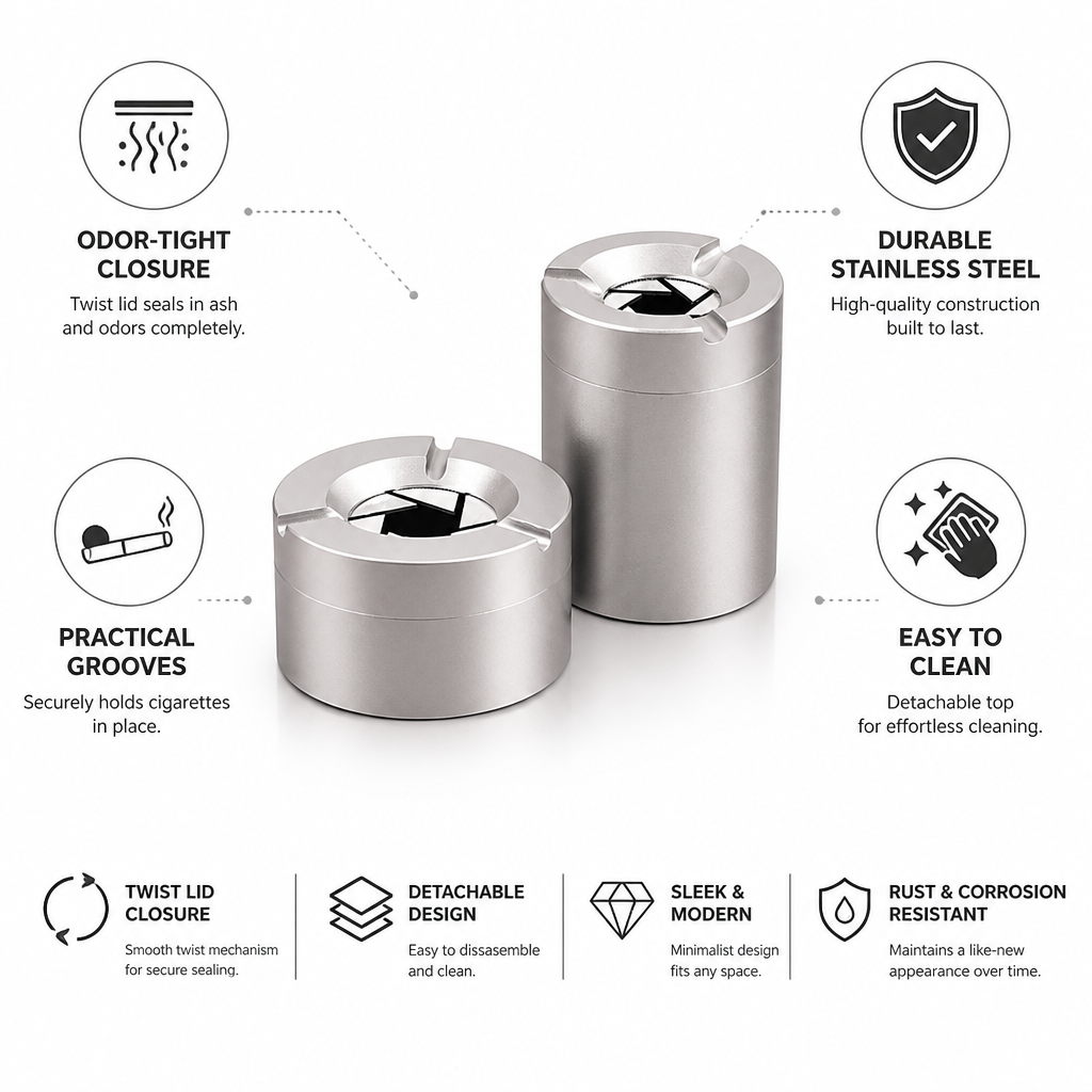 Ashtray Stainless Steel Odor-Tight Twist Lid