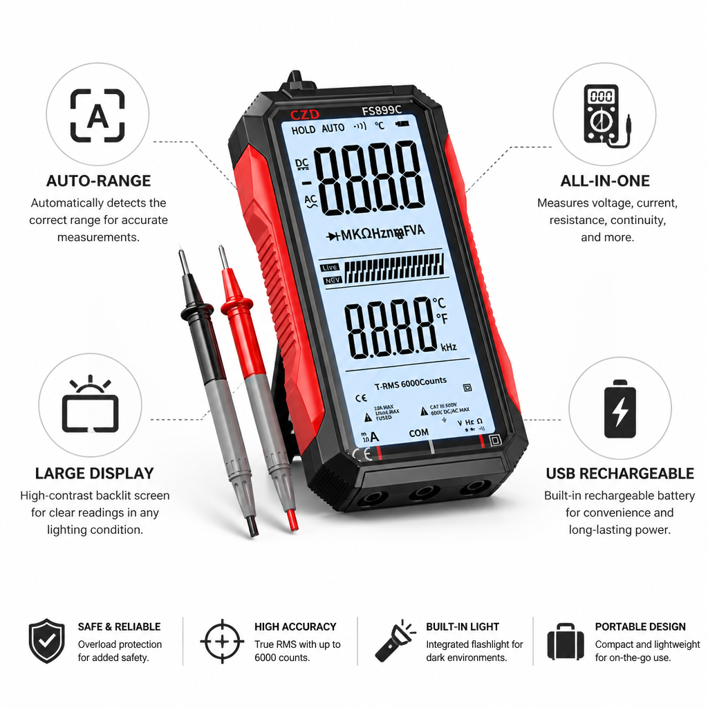 Auto-Range Backlit USB-Rechargeable Digital Multimeter