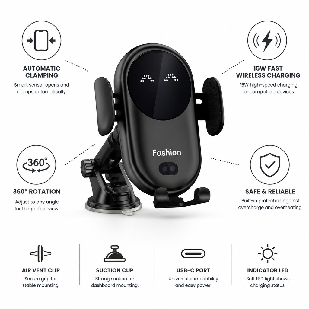 Automatic Clamping Mount Wireless Car Charger (15W Fast Charging)