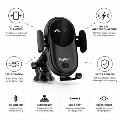 Automatic Clamping Mount Wireless Car Charger (15W Fast Charging)