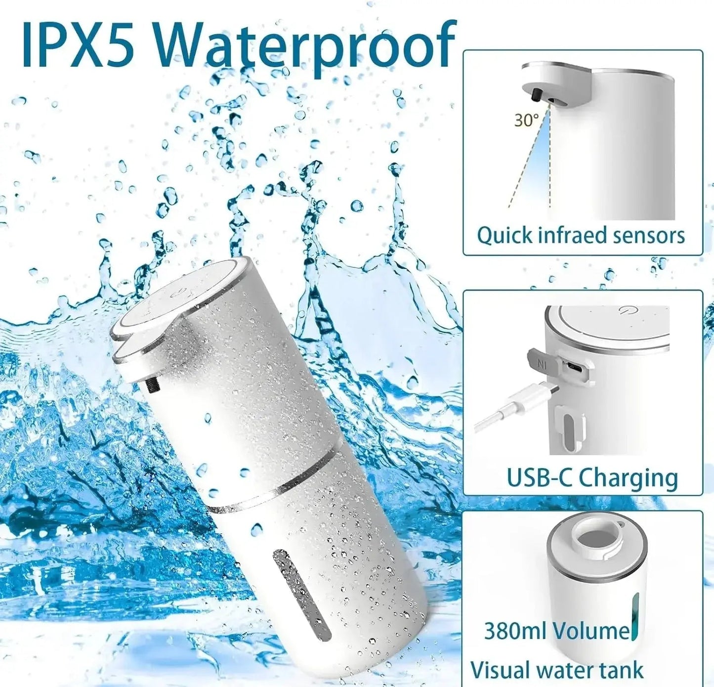 Automatic Soap Dispenser Touchless USB-C Rechargeable IPX5