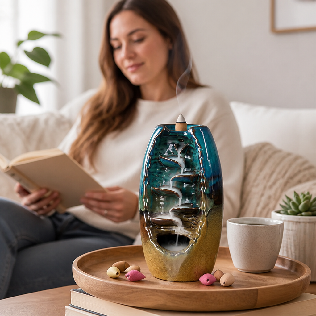 Backflow Incense Burner Handmade Ceramic Smoke Waterfall 50 Cones