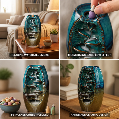 Backflow Incense Burner Handmade Ceramic Smoke Waterfall 50 Cones