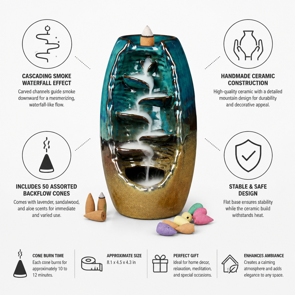 Backflow Incense Burner Handmade Ceramic Smoke Waterfall 50 Cones
