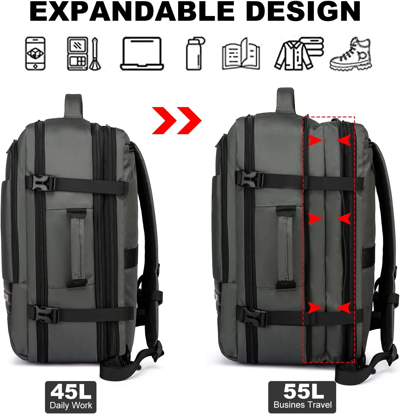 Backpack Expandable 45-55L Padded Laptop Compartment & Trolley Sleeve