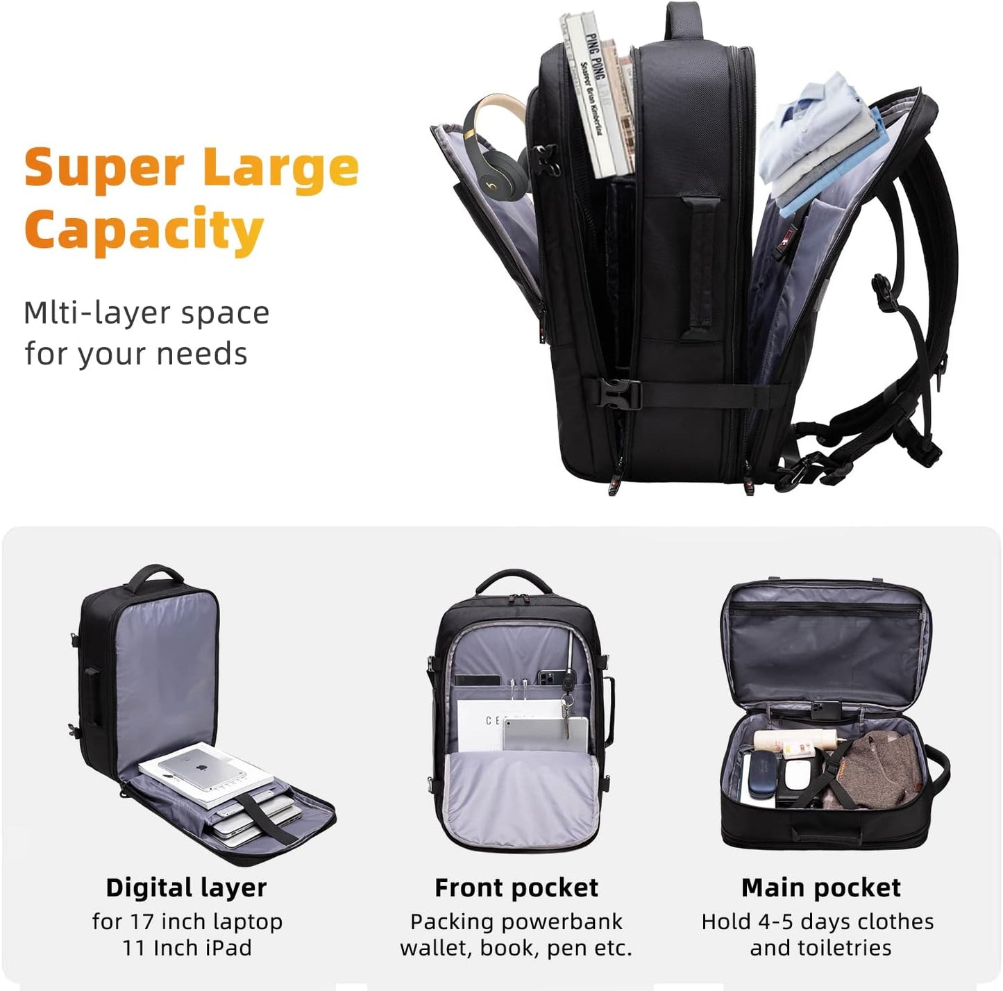 Backpack Expandable 45-55L Padded Laptop Compartment & Trolley Sleeve
