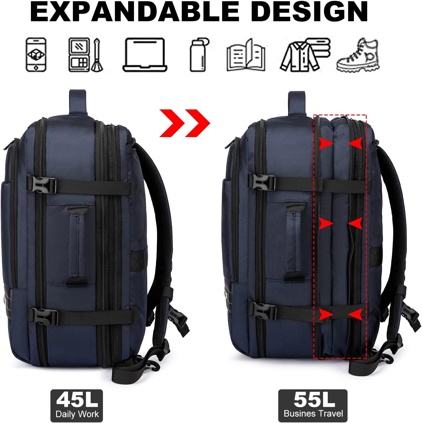 Backpack Expandable 45-55L Padded Laptop Compartment & Trolley Sleeve