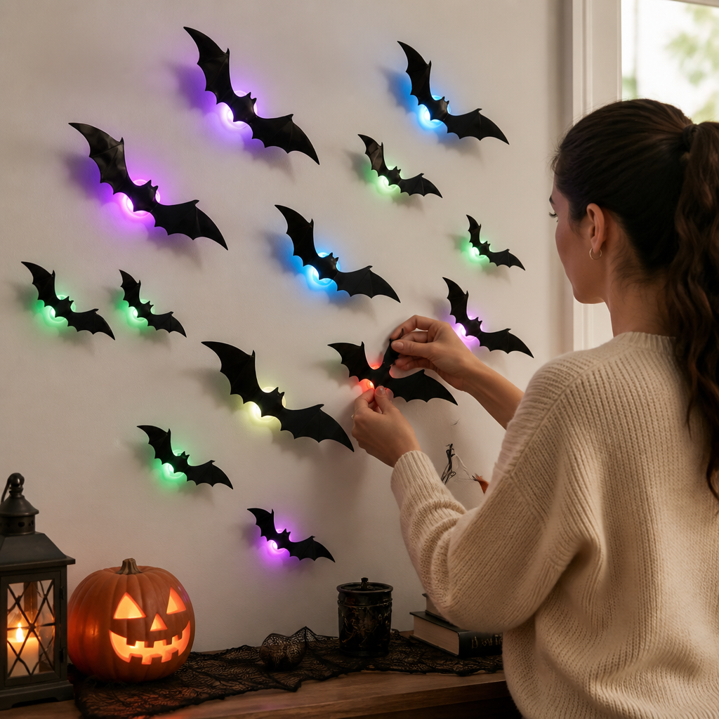 Bat Wall Decals 3D Multicolor LED Set of 12
