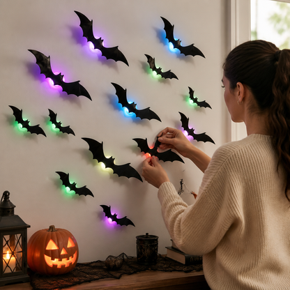 Bat Wall Decals 3D Multicolor LED Set of 12