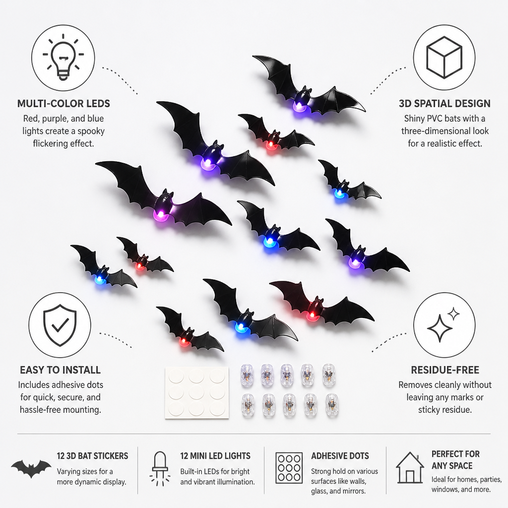 Bat Wall Decals 3D Multicolor LED Set of 12