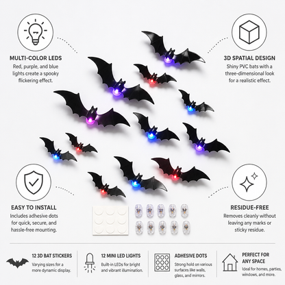 Bat Wall Decals 3D Multicolor LED Set of 12