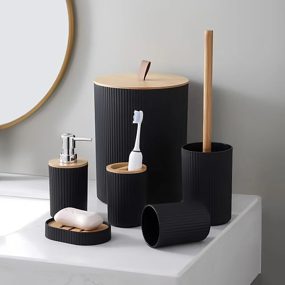 Bathroom Accessory Set Ribbed Finish & Bamboo Accents 6-Piece