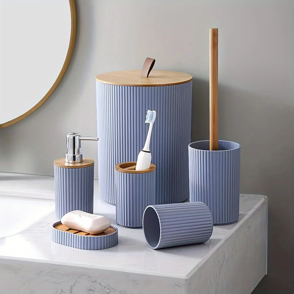 Bathroom Accessory Set Ribbed Finish & Bamboo Accents 6-Piece