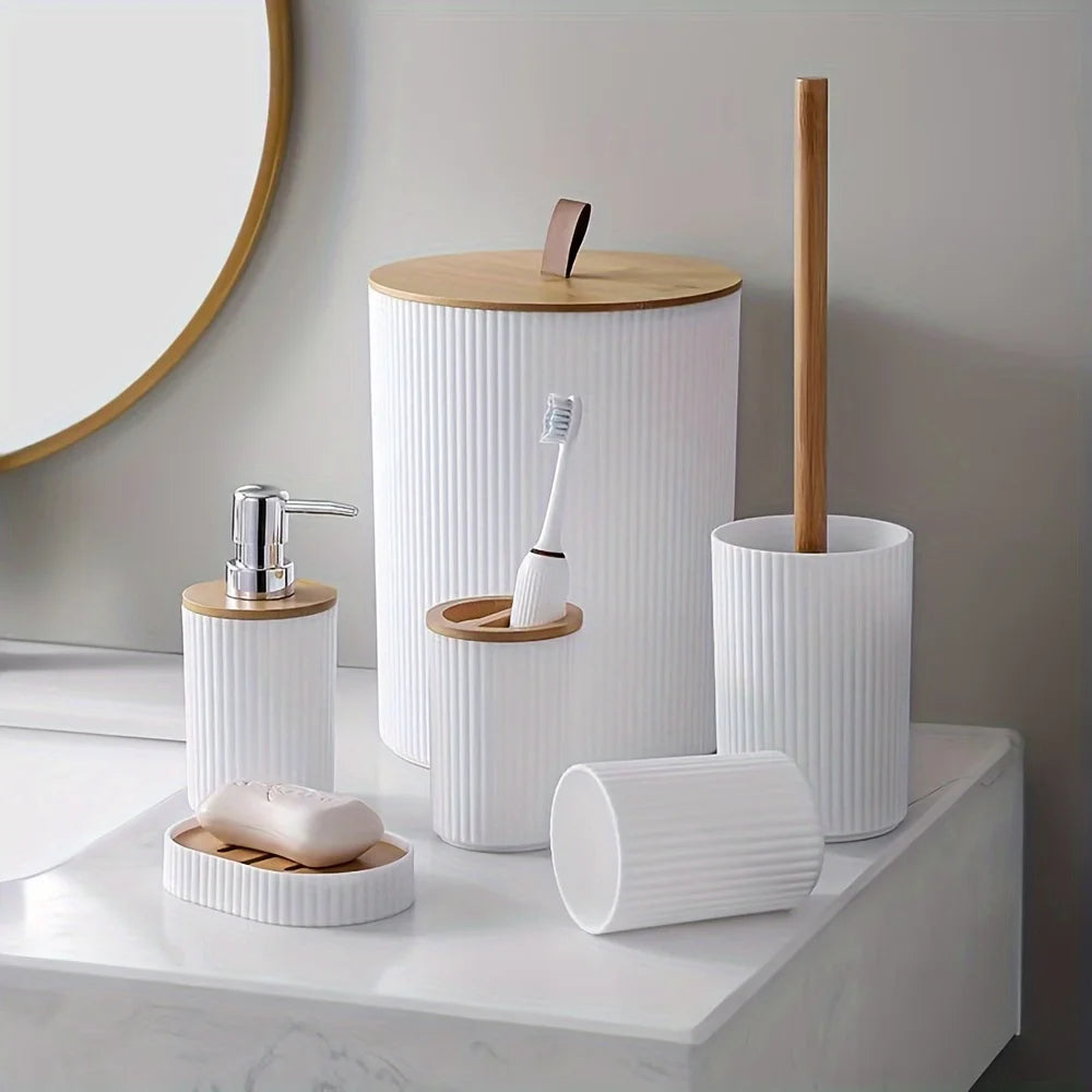 Bathroom Accessory Set Ribbed Finish & Bamboo Accents 6-Piece