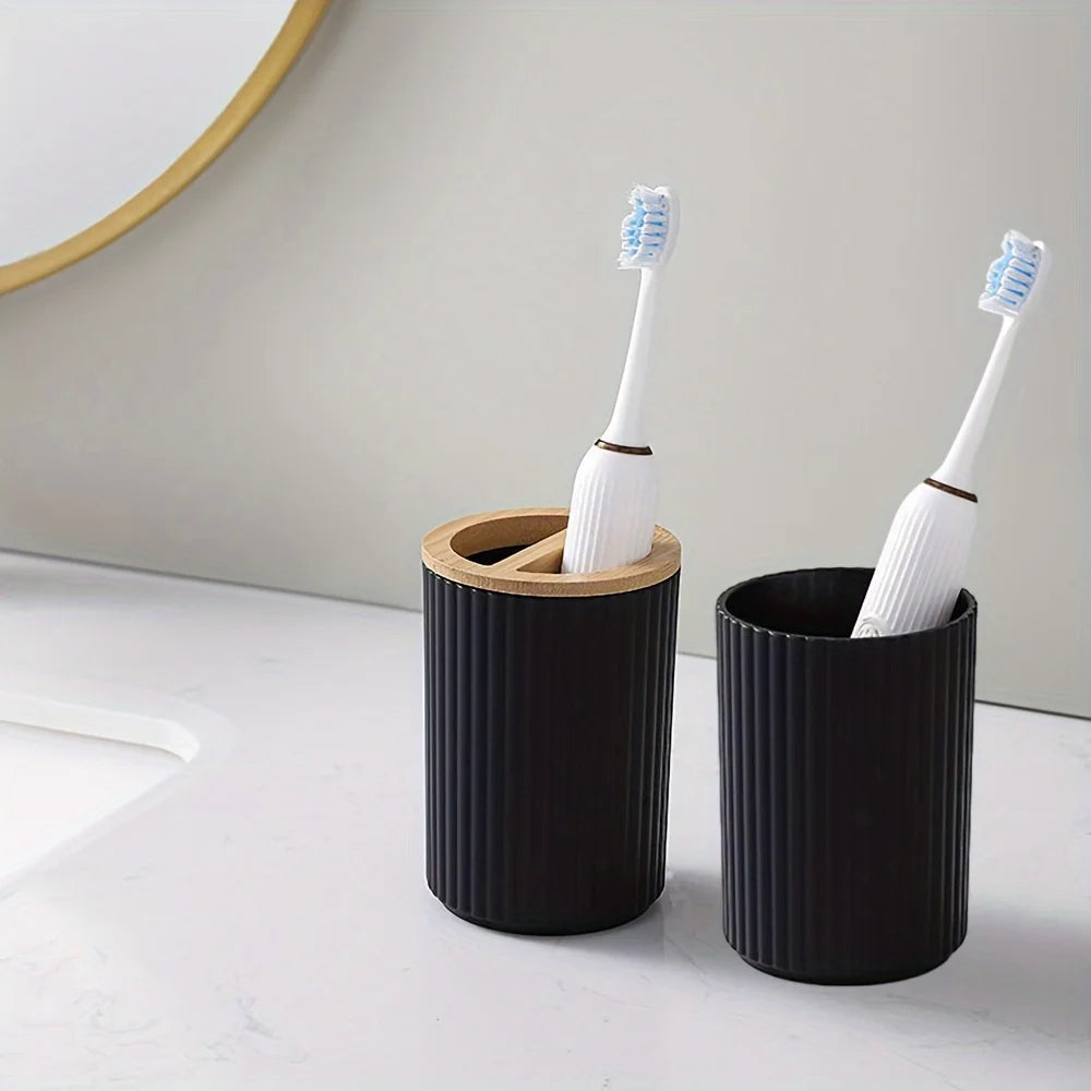 Bathroom Accessory Set Ribbed Finish & Bamboo Accents 6-Piece