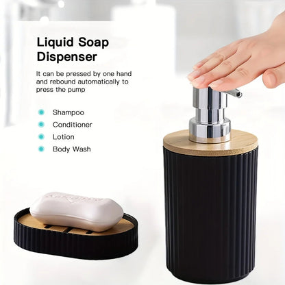 Bathroom Accessory Set Ribbed Finish & Bamboo Accents 6-Piece