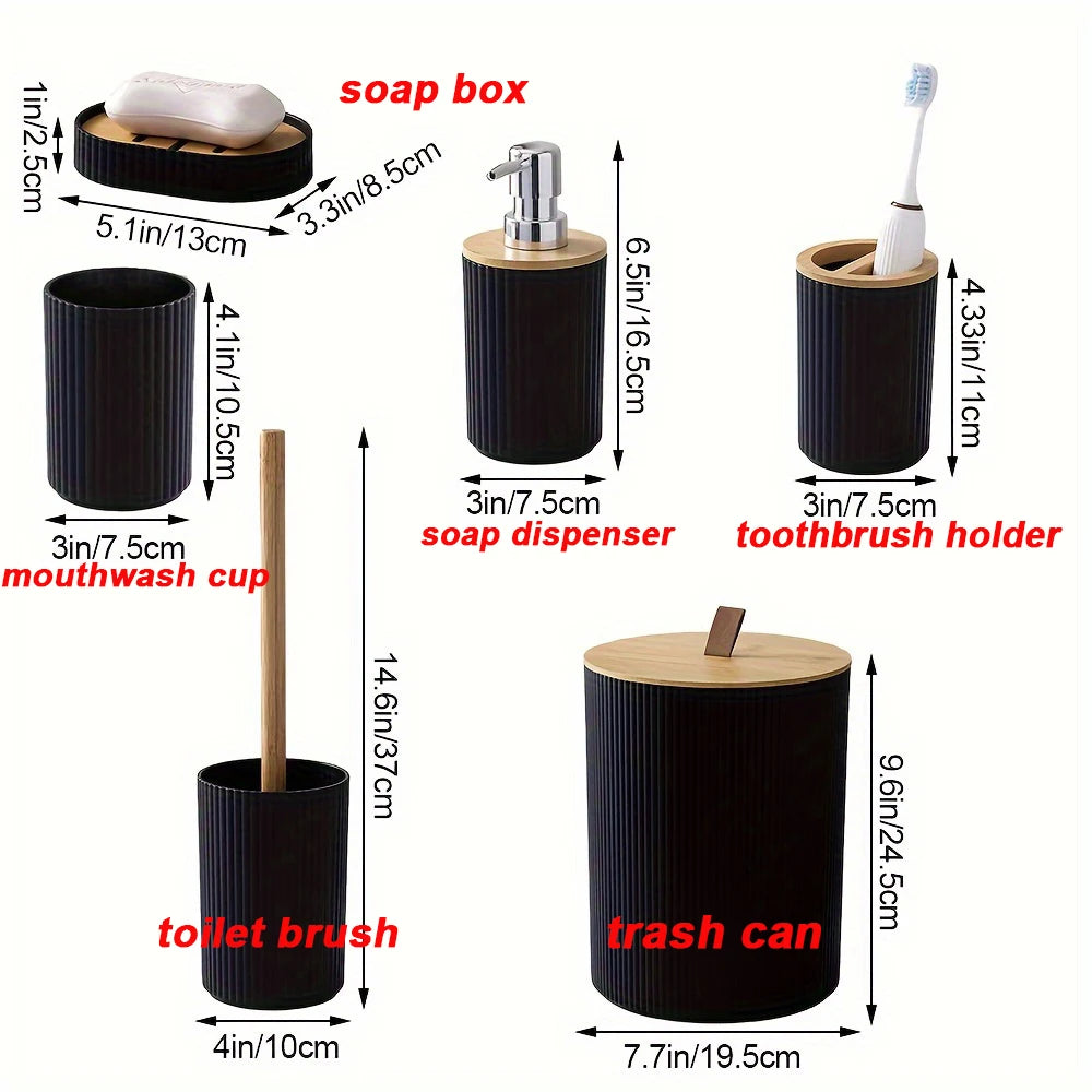 Bathroom Accessory Set Ribbed Finish & Bamboo Accents 6-Piece