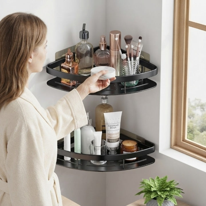 Bathroom Corner Shelf Self-Adhesive No-Drill Aluminum Raised Edge