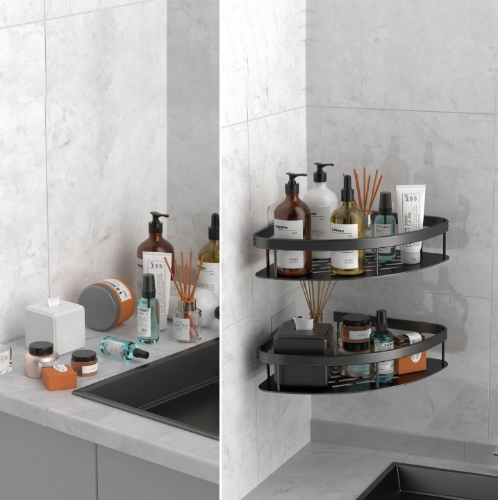 Bathroom Corner Shelf Self-Adhesive No-Drill Aluminum Raised Edge
