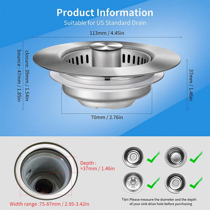 Bathroom Drain Strainer Pop-Up Filter & Plug Stainless Steel