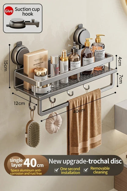 Bathroom Shelf Drill-Free Rust-Resistant Aluminum Towel Bar & Hooks