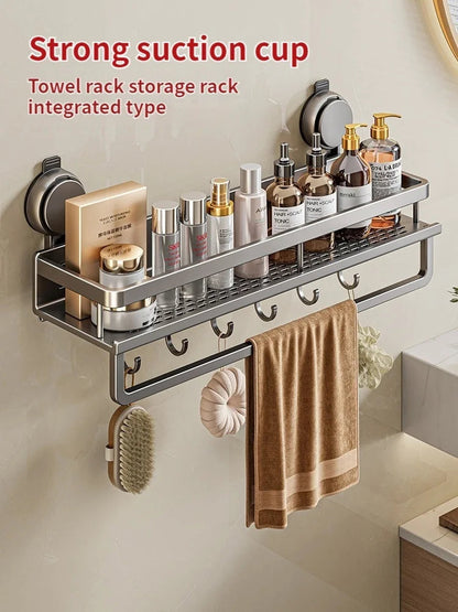 Bathroom Shelf Drill-Free Rust-Resistant Aluminum Towel Bar & Hooks