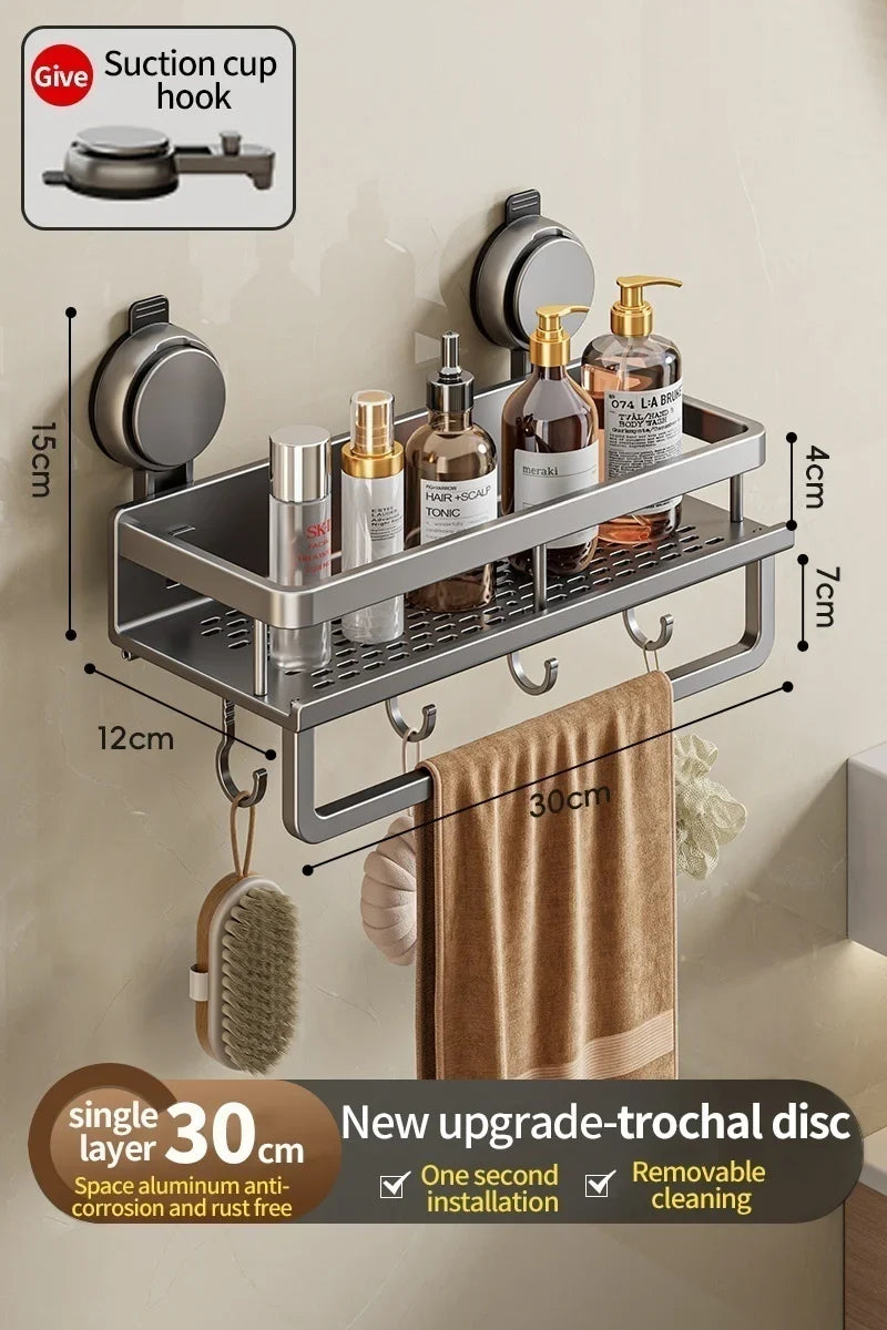 Bathroom Shelf Drill-Free Rust-Resistant Aluminum Towel Bar & Hooks