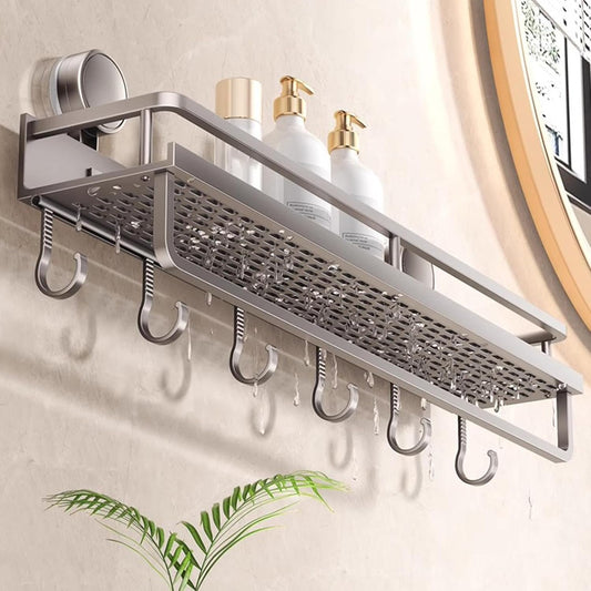 Bathroom Shelf Suction Cup Drill-Free Slatted Aluminum With Hooks