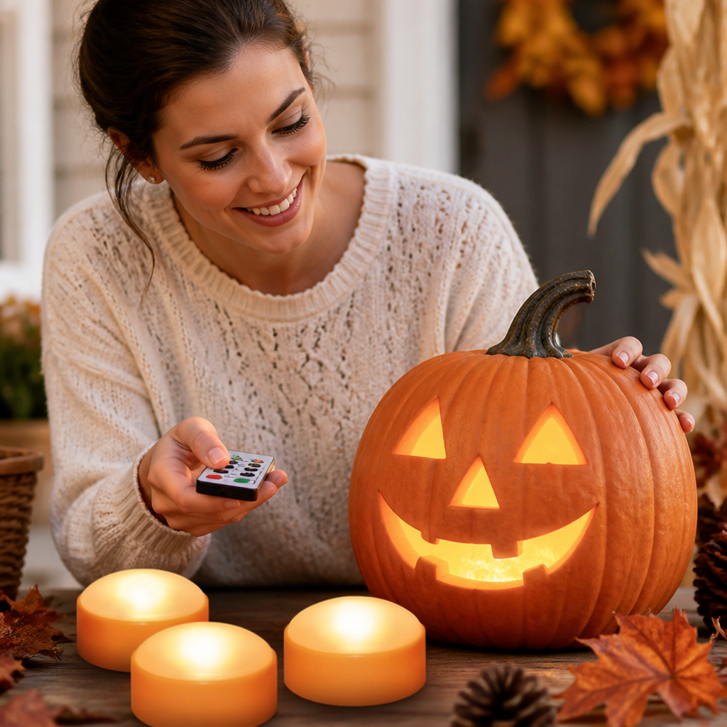 Battery-Operated Flameless Pumpkin Lights (Remote & Timer)