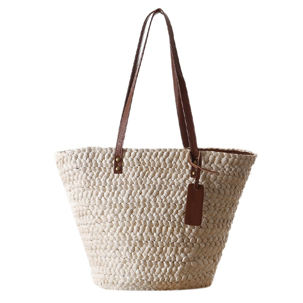 Beach Bag Handwoven Straw Spacious Interior Leather Straps