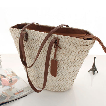 Beach Bag Handwoven Straw Spacious Interior Leather Straps