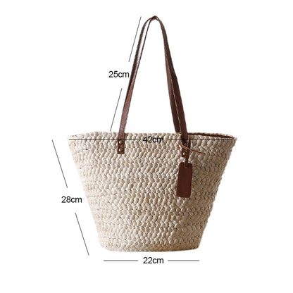 Beach Bag Handwoven Straw Spacious Interior Leather Straps