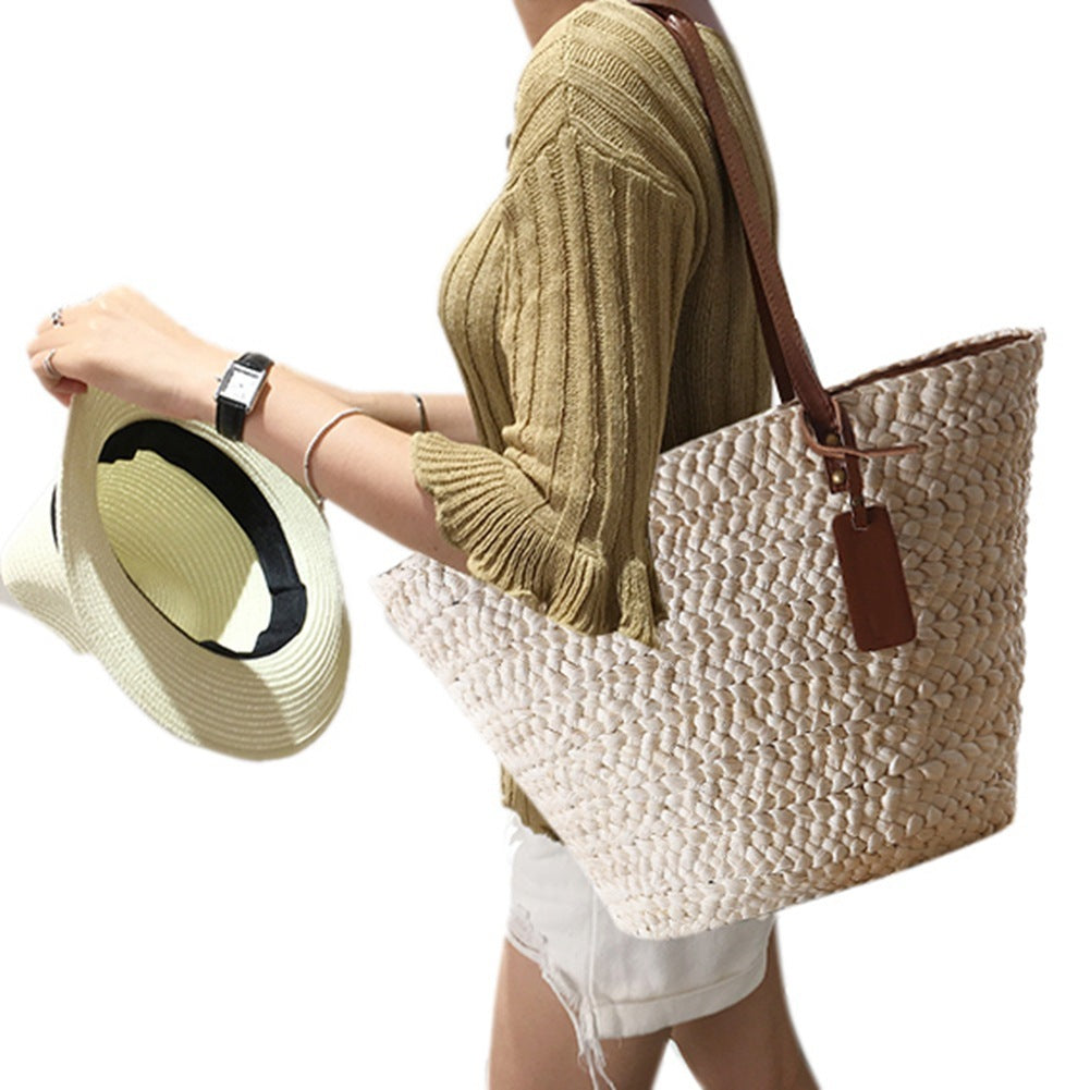 Beach Bag Handwoven Straw Spacious Interior Leather Straps