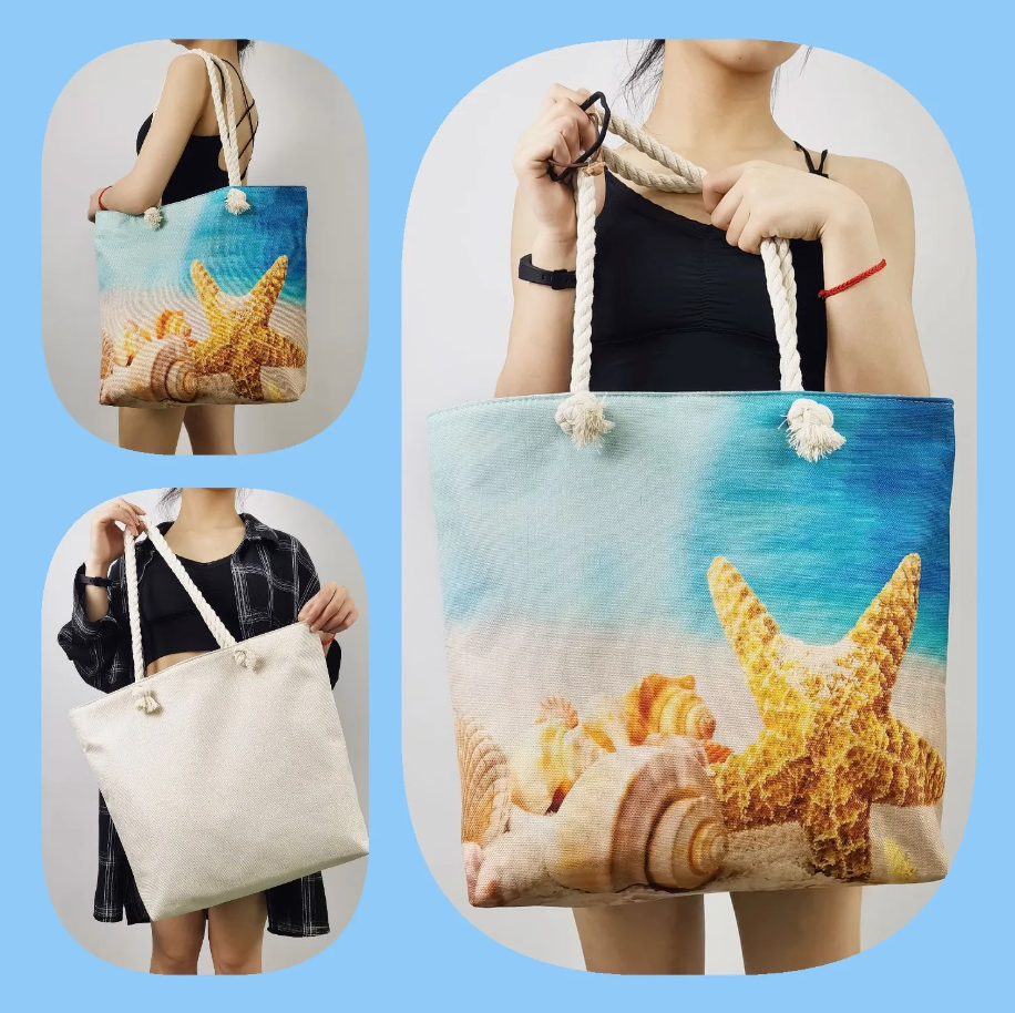 Beach Bag Linen Spacious Braided Cotton Rope Handles