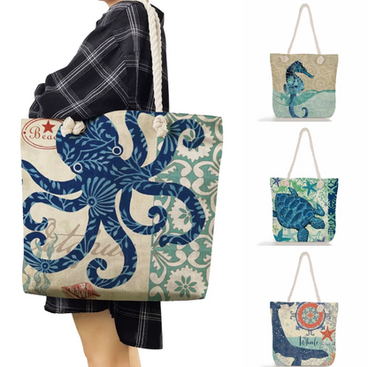 Beach Bag Linen Spacious Braided Cotton Rope Handles