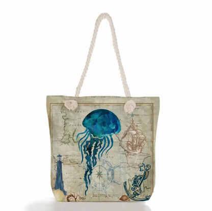 Beach Bag Linen Spacious Braided Cotton Rope Handles