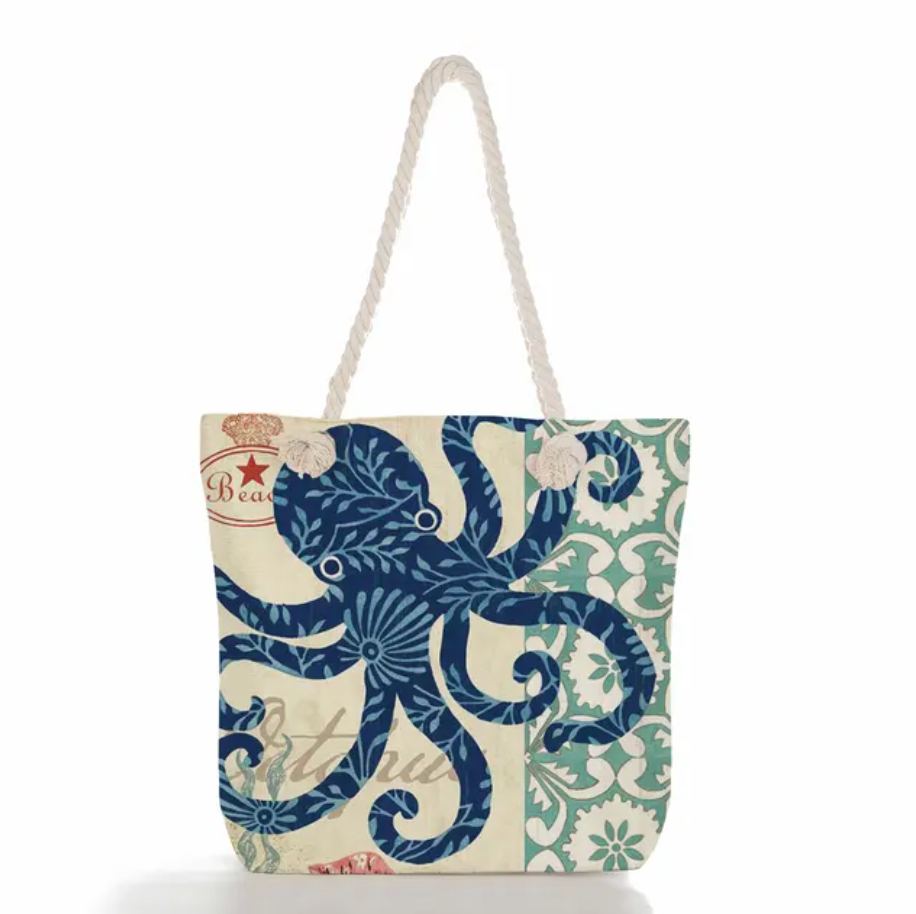 Beach Bag Linen Spacious Braided Cotton Rope Handles