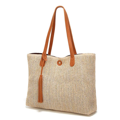 Beach Bag Woven Textile With Leather Handles & Tassel