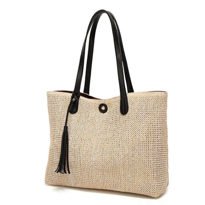 Beach Bag Woven Textile With Leather Handles & Tassel